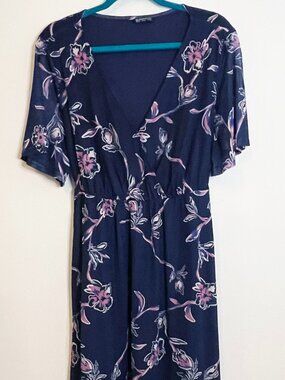 Bloomchic Navy Floral Midi Dress Size 14/16 Wrap Style Flutter Sleeve Boho Fairy